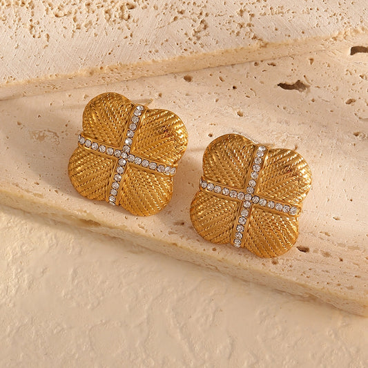 Boucles d'oreilles en zircon croix carrée [304 en acier inoxydable, 18 km plaqués à l'or]