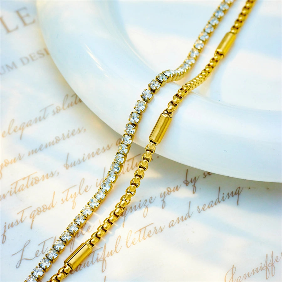 Round Rhinestones Layered Bracelet [304 Stainless Steel,18K Gold Plated]