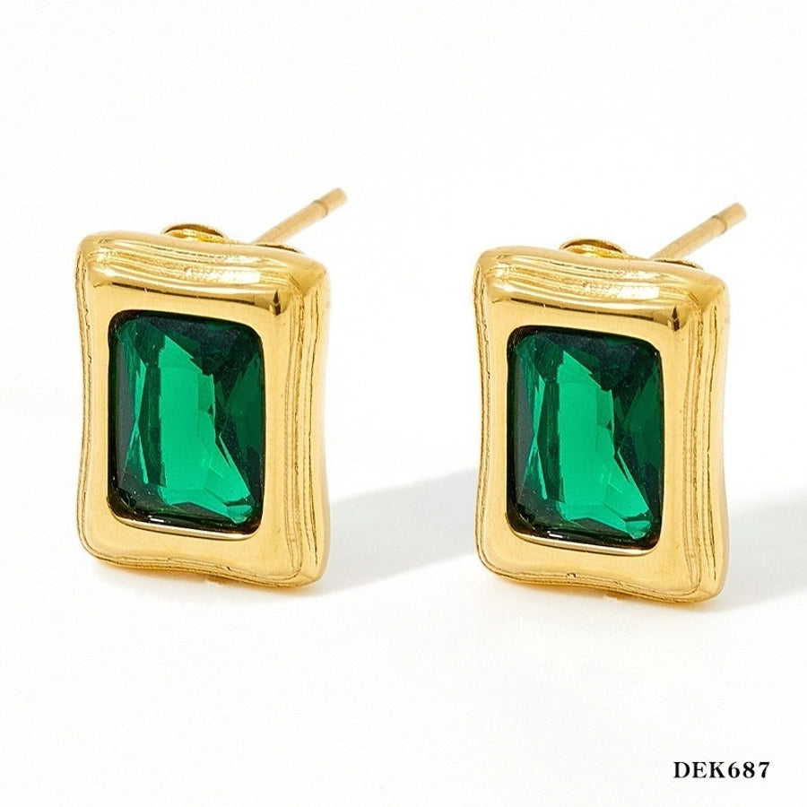 Shiny Rectangle Zircon Earrings [304 Stainless Steel,16K Gold Plated]