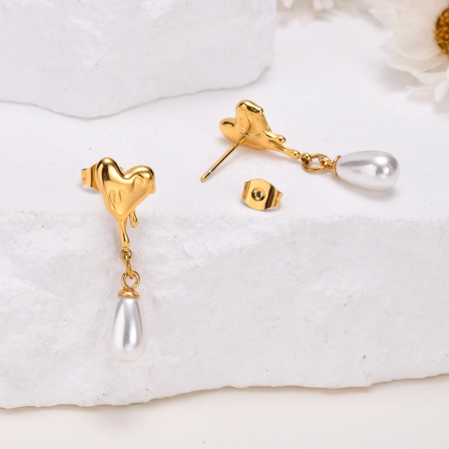 Water Droplets Heart Shape Earrings [304 Stainless Steel,18K Gold Plated]