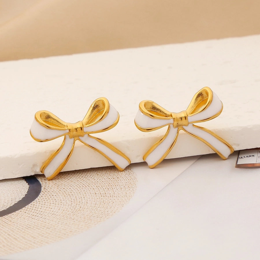 Bow Knot Enamel Ear Studs [304 Stainless Steel,18K Gold Plated]