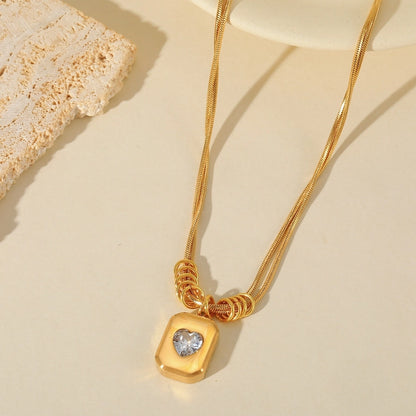 Heart Shape Zircon Pendant Necklace [304 Stainless Steel 18K Gold Plated]