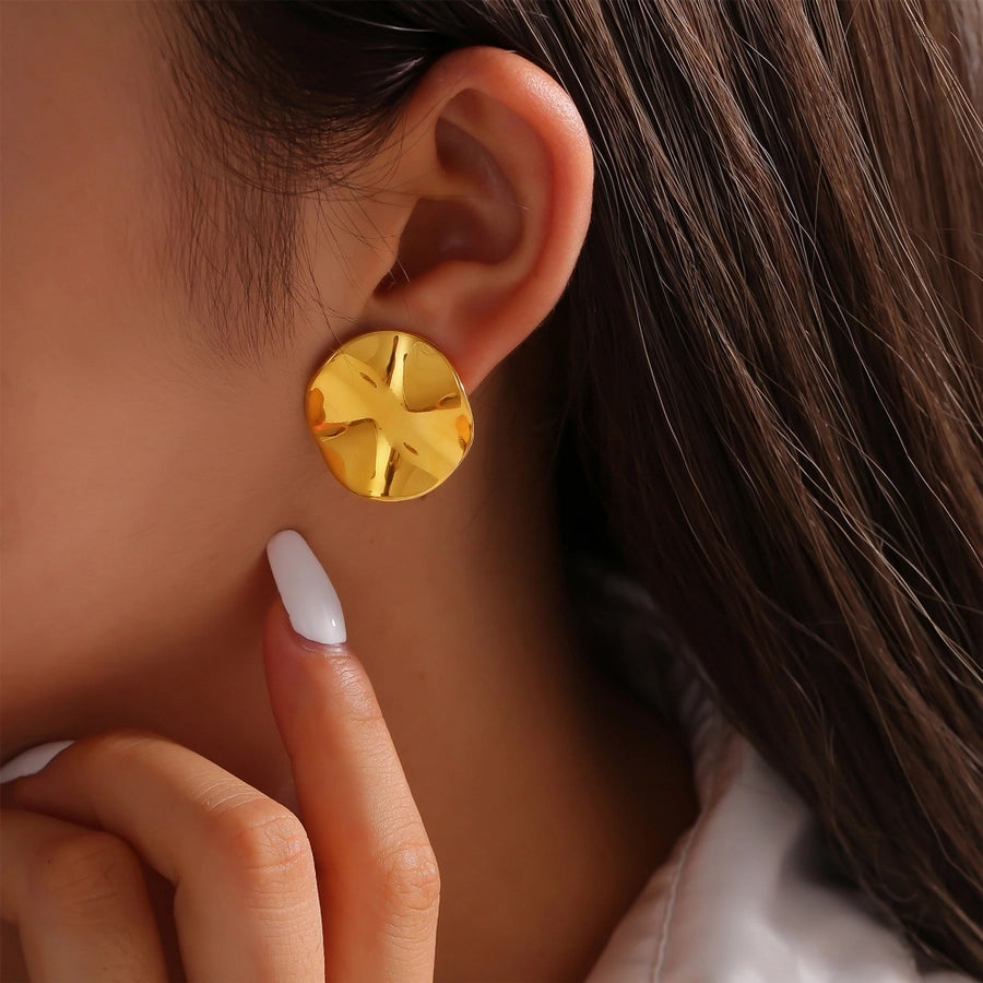 Flat Round Pleated Earrings [304 Stainless Steel,18K Gold Plated]