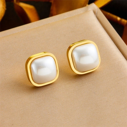 Square Pearl Stud Earrings [304 Stainless Steel, 18K Gold Plated]