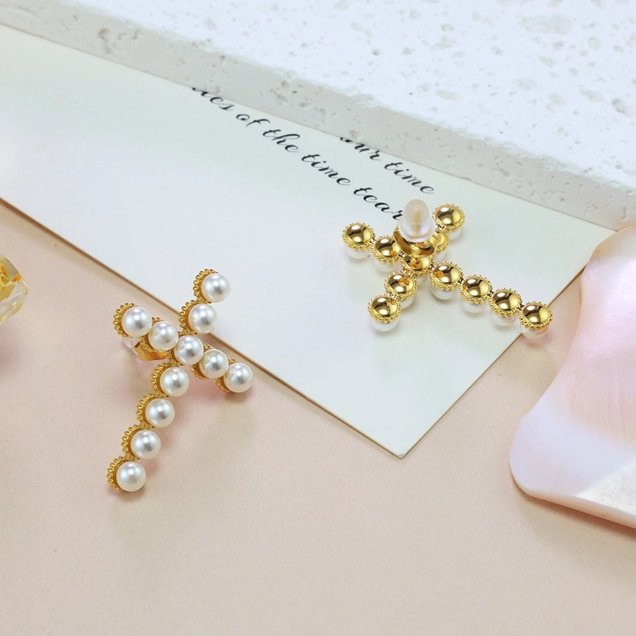 Artificial Pearls Cross Earrings [304 Stainless Steel,18K Gold Plated]