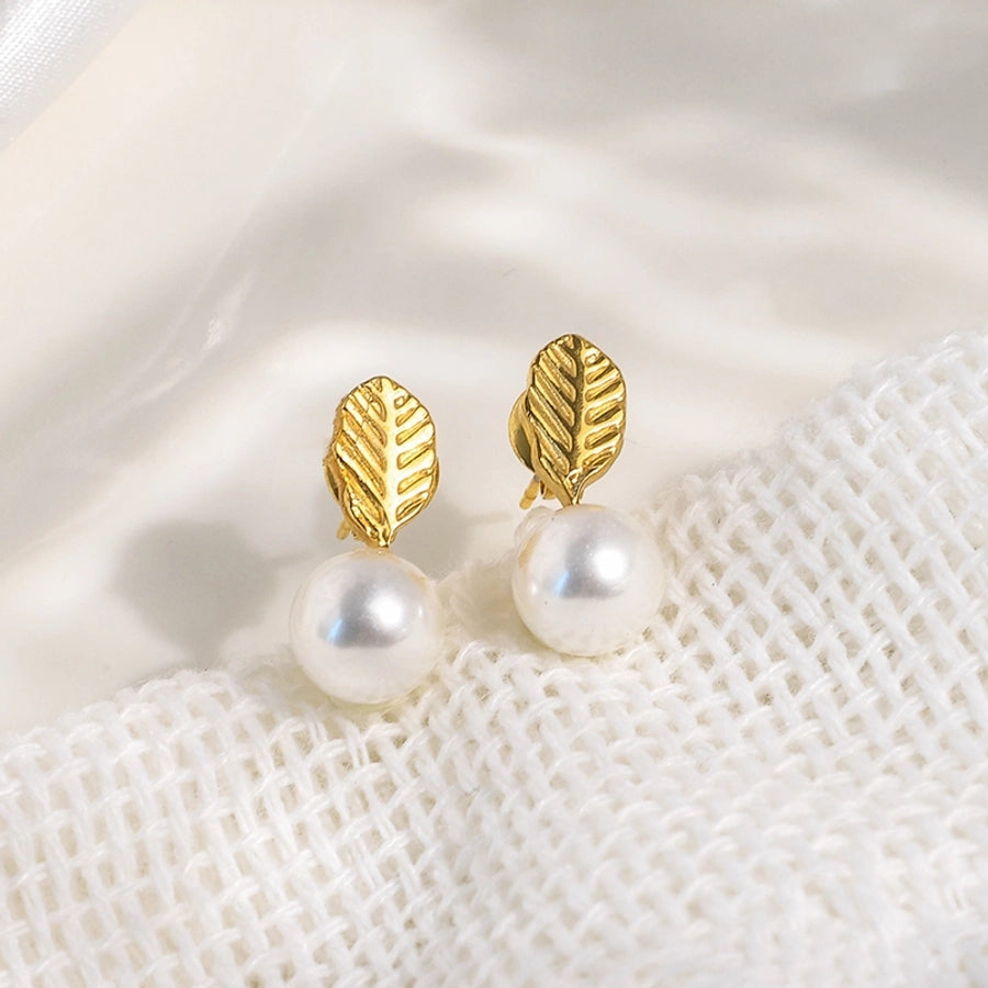 Grass Leaves Rhombus Patchwork Pearl Earrings [304 Stainless Steel,14K Gold Plated]