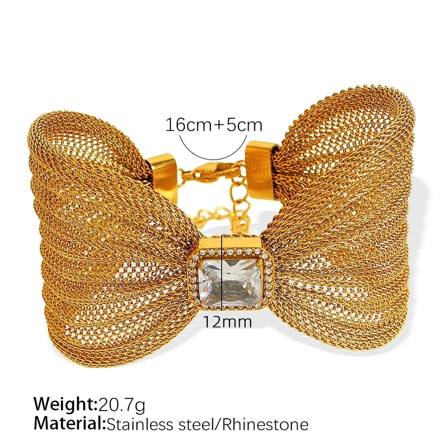 Large Bow Zircon Bangle Bracelet [304 Stainless Steel, 18K Gold Plated]