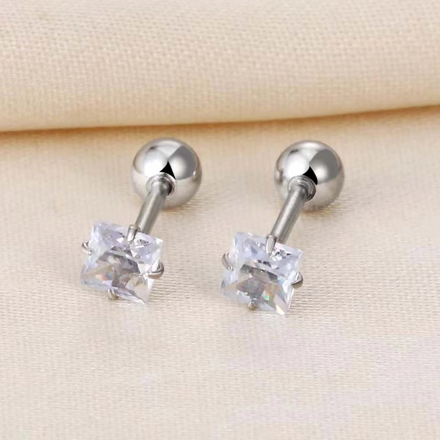 Golden Four-Claw Square Synthetic Zircon Stud Earrings [316 Stainless Steel]