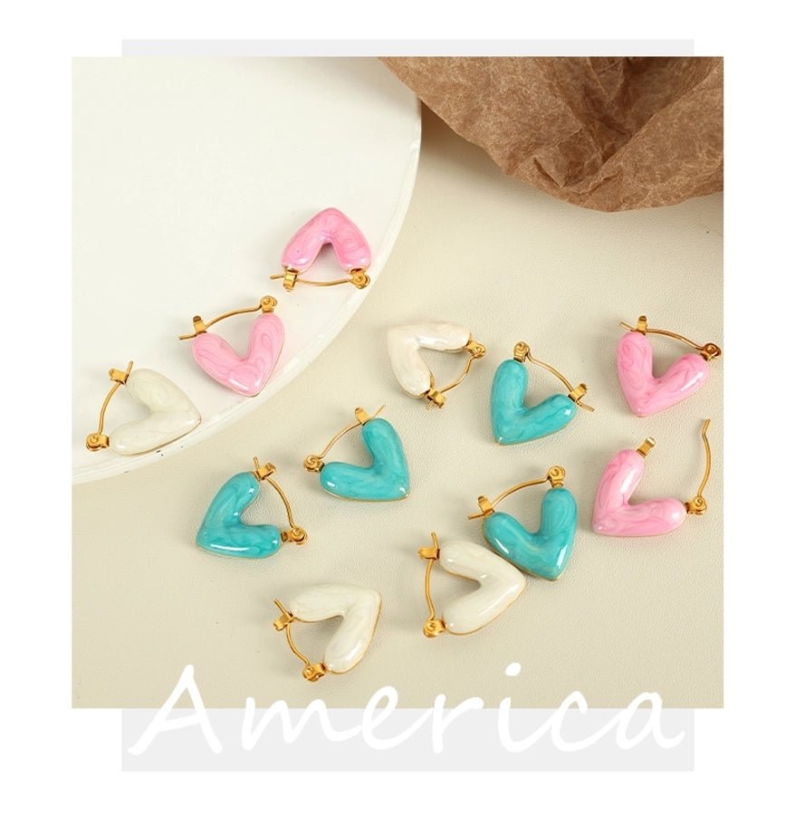 Heart Shape Polishing Enamel Earrings [304 Stainless Steel,18K Gold Plated]