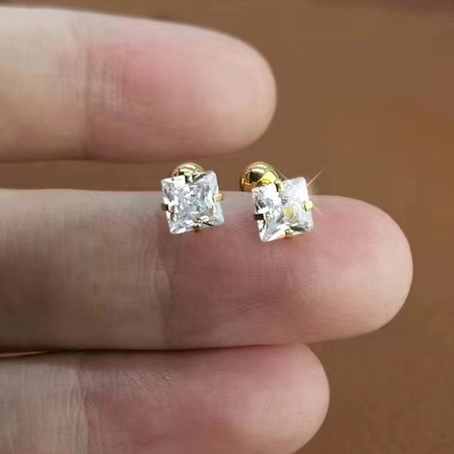 Golden Four-Claw Square Synthetic Zircon Stud Earrings [316 Stainless Steel]