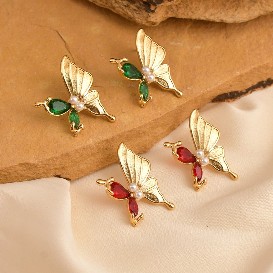 Shiny Stones Butterfly Earrings [304 Stainless Steel,18K Gold Plated]