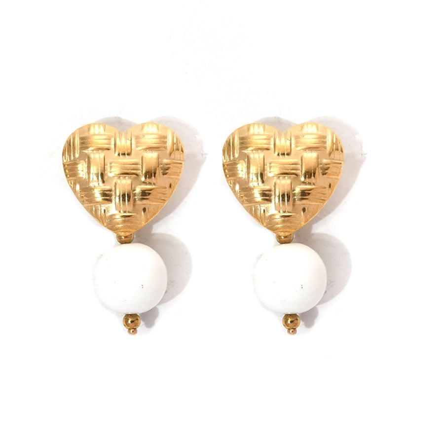 Round Beaded Heart Earrings [304 Stainless Steel, 14K Gold Plated]