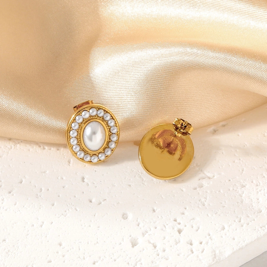 Oval Pearl Ear Studs [304 Stainless Steel,18K Gold Plated]