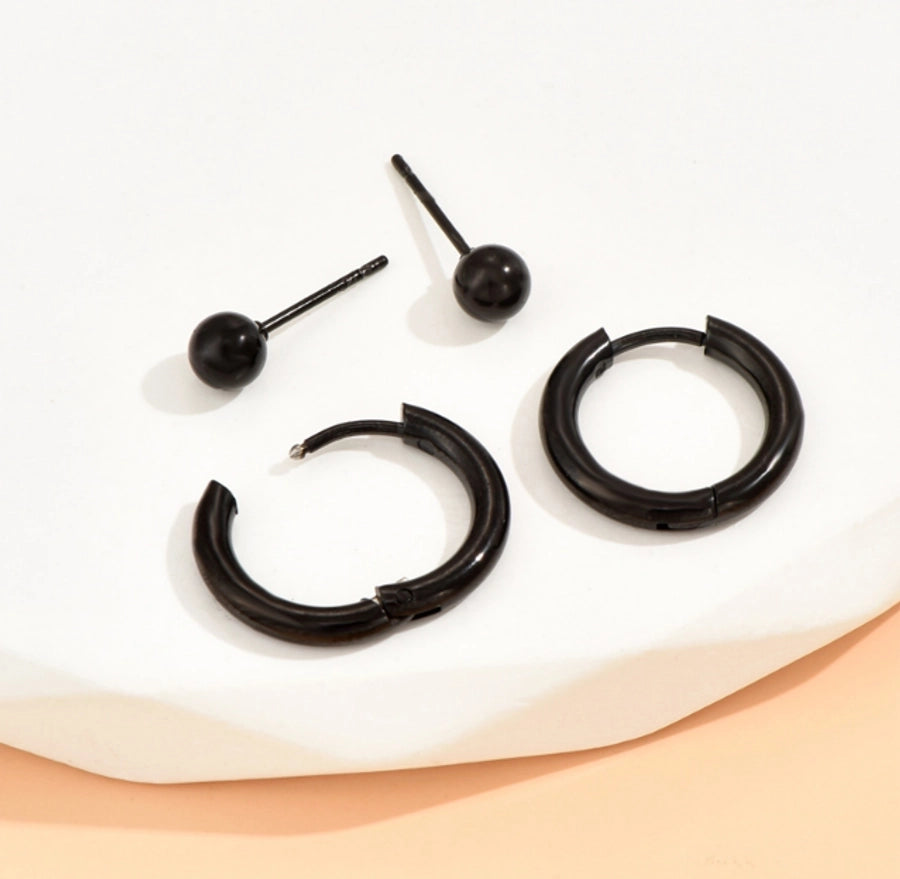 Black Hoop and Ball Earrings Set [Stainless Steel]