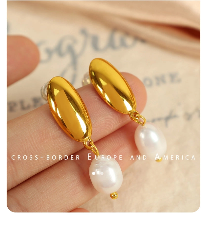 Freshwater Pearl Oval Drop Earrings [304 Stainless Steel,18K Gold Plated]