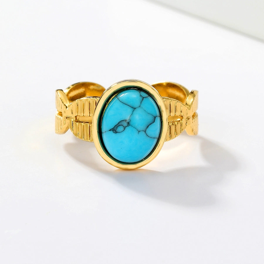 Round Square Turquoise Open Ring [201 Rustfrit stål, 18K guldbelagt]