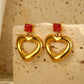 Red Rhinestone Heart Shape Earrings [304 Stainless Steel,18K Gold Plated]