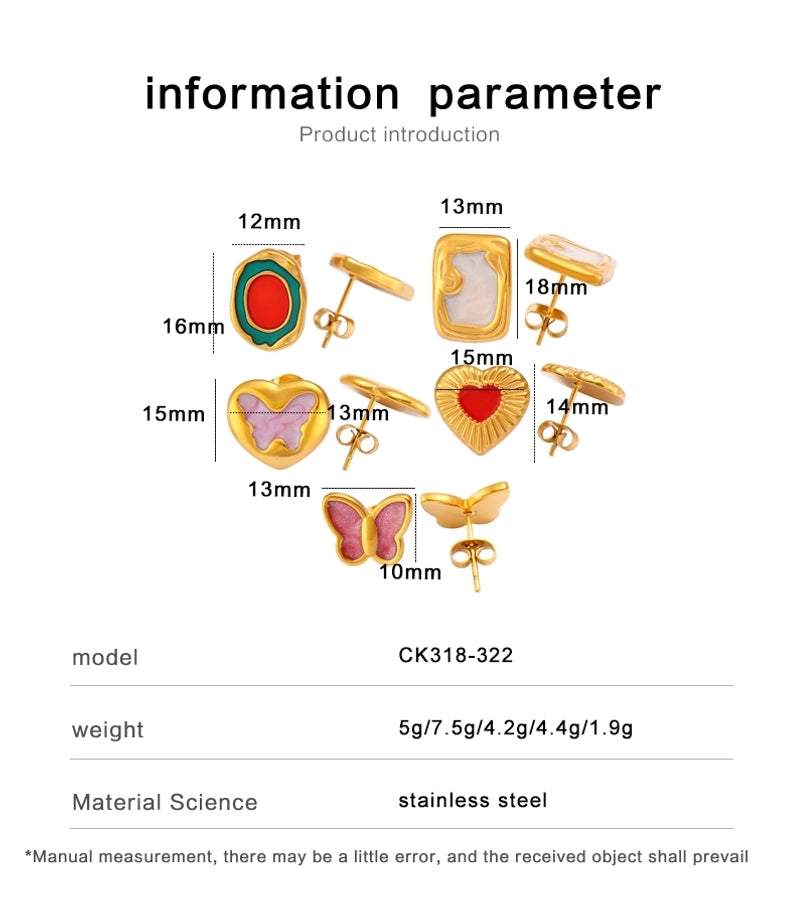 Oval Butterfly Rectangle Enamel Earrings [304 Stainless Steel,18K Gold Plated]