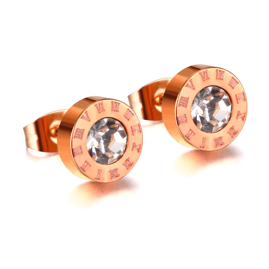 Round Zircon Roman Stud Earrings [Stainless Steel]