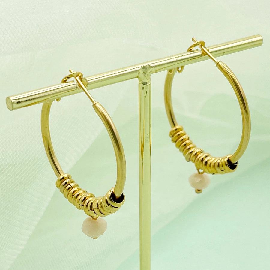 Round Beaded Natural StoneEarrings [304 Stainless Steel,14K Gold Plated]