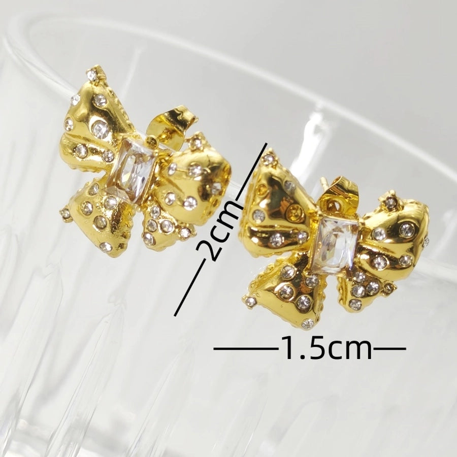 Bow Knot Rhinestones Earrings [304 Stainless Steel,18K Gold Plated]