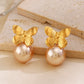 Butterfly Artificial Pearls Earrings [304 Stainless Steel,18K Gold Plated]