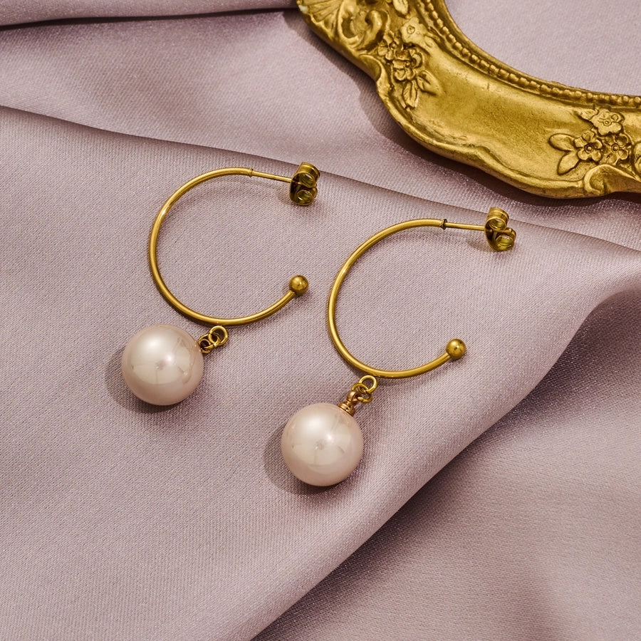 Drop Pearl Hoop Earrings [316 Stainless Steel,18K Gold Plated]