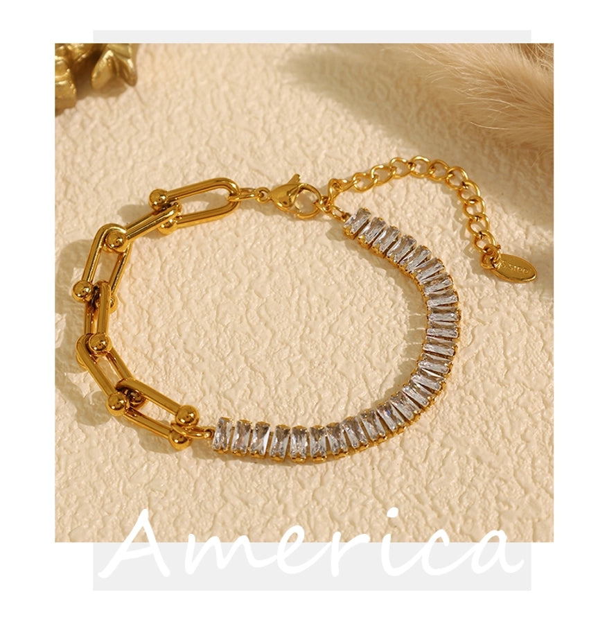 Square Zircon Chain Bracelet [304 Stainless Steel, 18K Gold Plated]