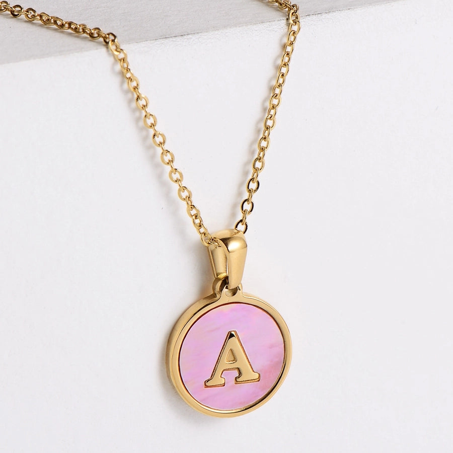 Pink Shell Letter Necklaces [304 Stainless Steel,18K Gold Plated]