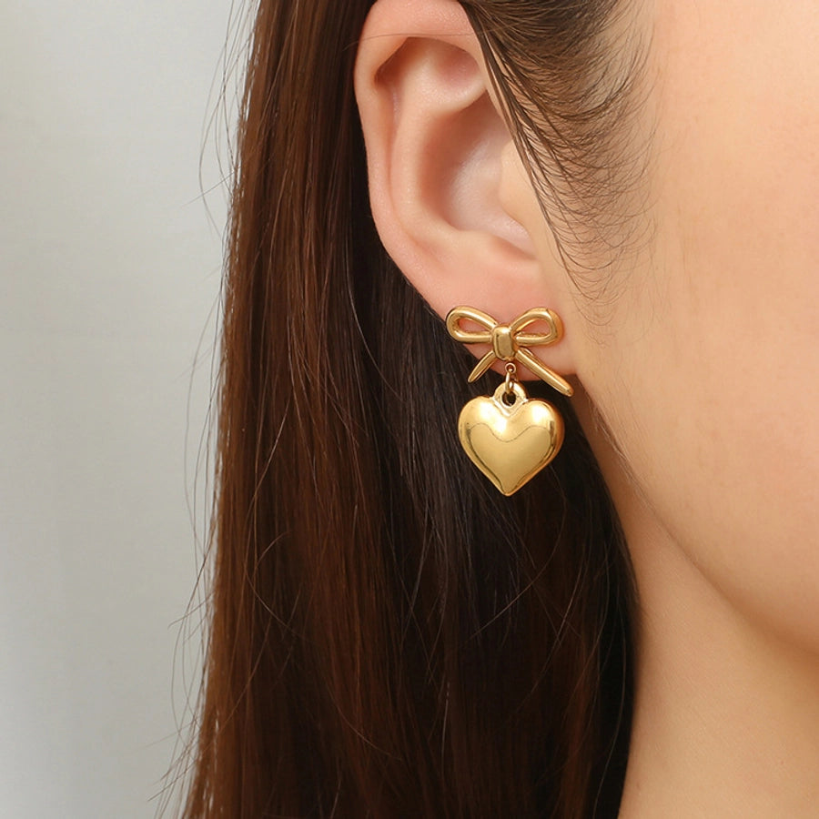 Heart Shape Bow Knot Earrings [304 Stainless Steel,18K Gold Plated]