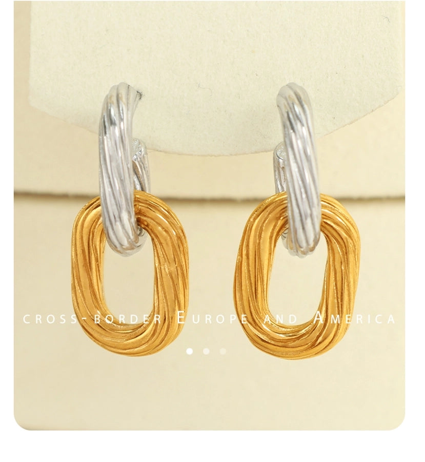 Double Ring Silver Gold Drop Earrings [304 Stainless Steel,18K Gold Plated]