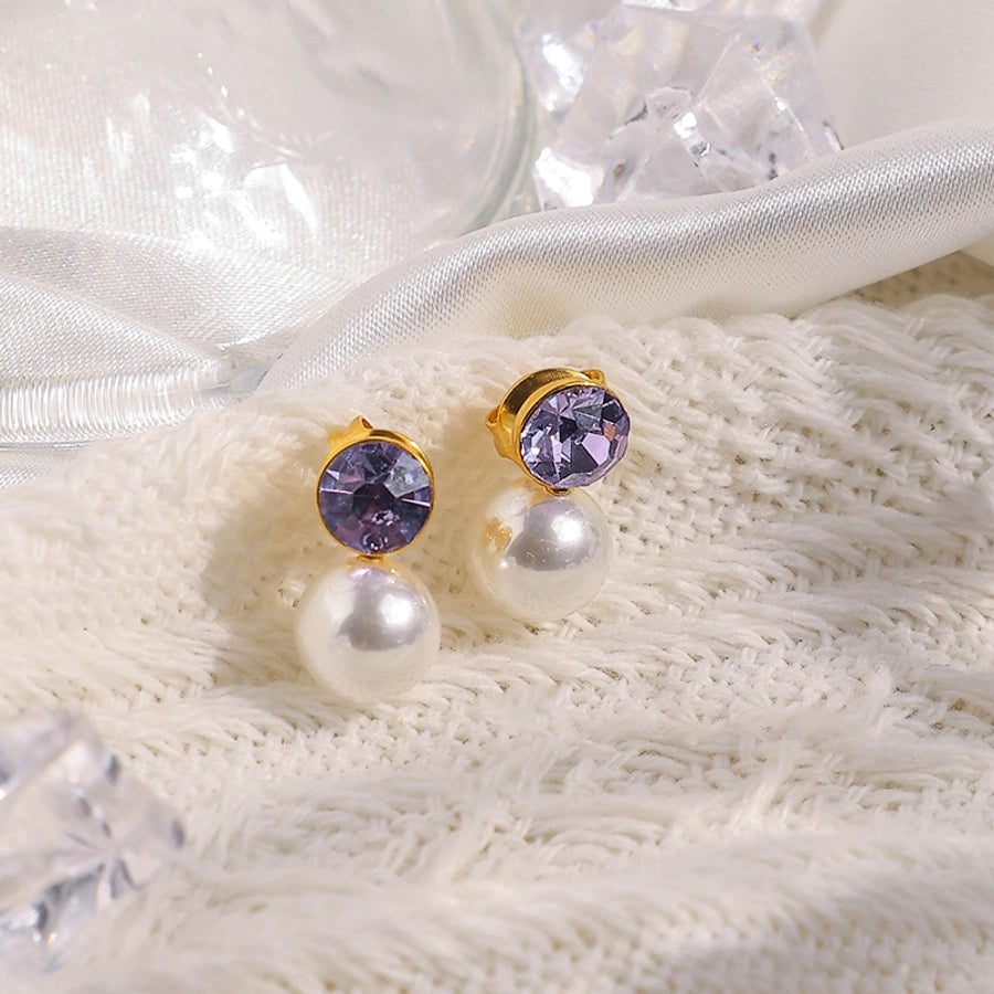 Pearl Zircon Ear Studs [304 Stainless Steel,14K Gold Plated]