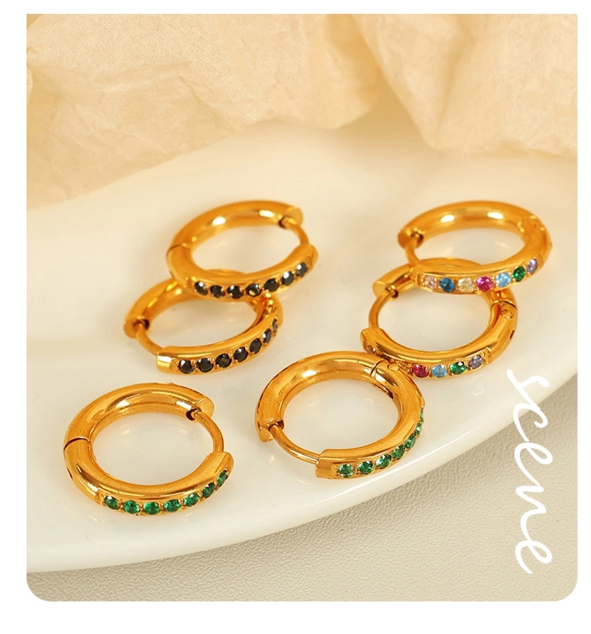 Round Rhinestones Hoop Earrings [304 Stainless Steel,18K Gold Plated]