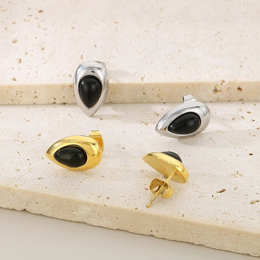 Black Stone Water Droplets Earrings [304 Stainless Steel, 18K Gold Plated]