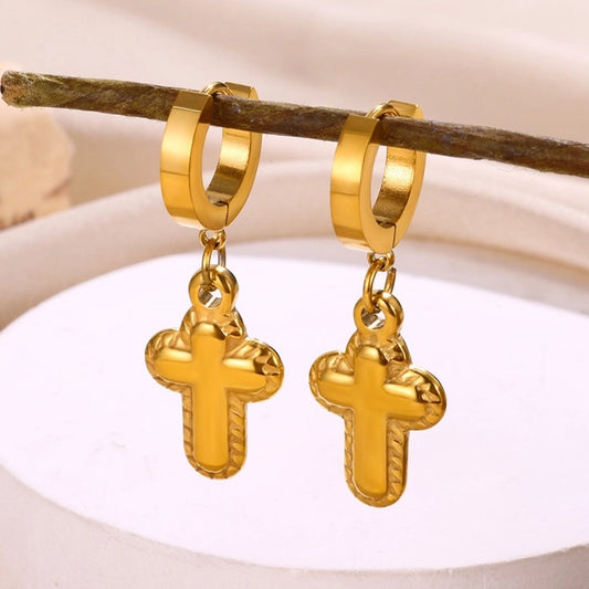 Cross Drop Earrings [304 Stainless Steel,18K Gold Plated]