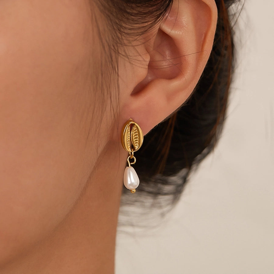 Shell mitation Pearl Drop Earrings [304 Stainless Steel,18K Gold Plated]