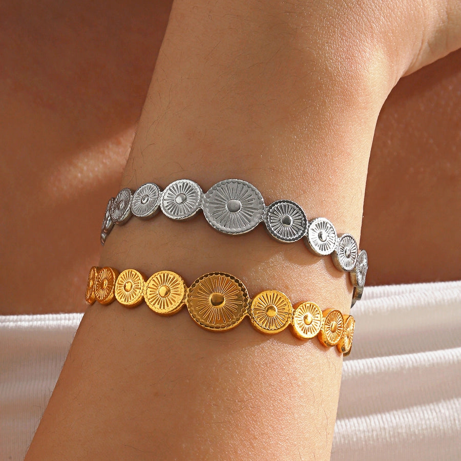 Round Sun Bangle Bracelet [304 Stainless Steel, 18K Gold Plated]