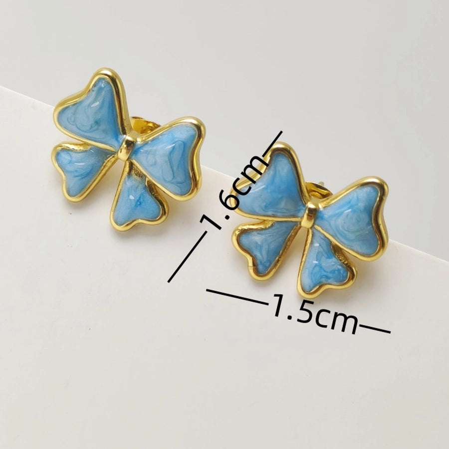 Blue Black Bow Knot Stud Earrings [304 Stainless Steel,18K Gold Plated]