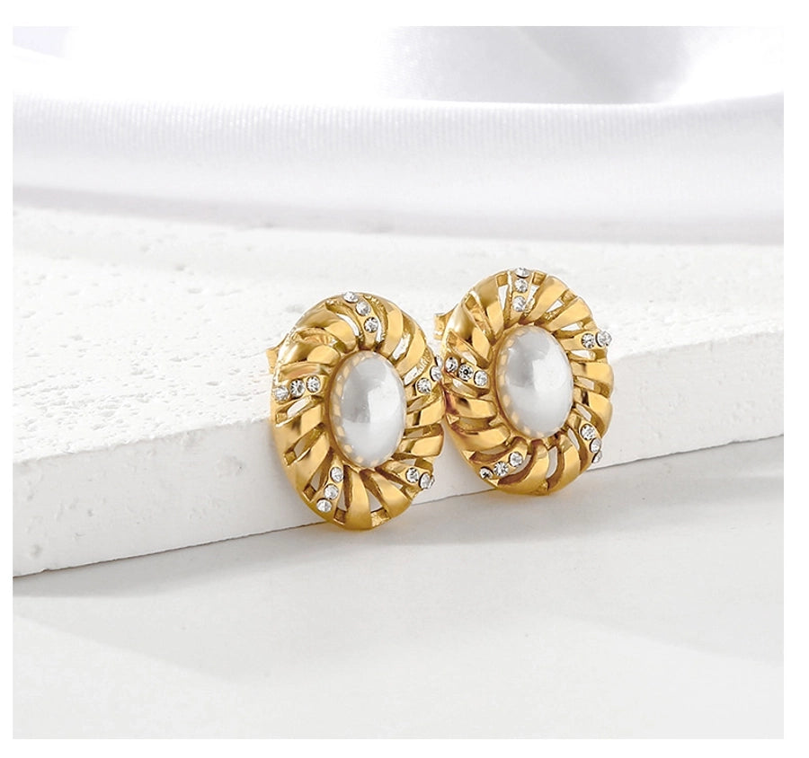 Oval Artificial Pearls Earrings [304 Stainless Steel,18K Gold Plated]