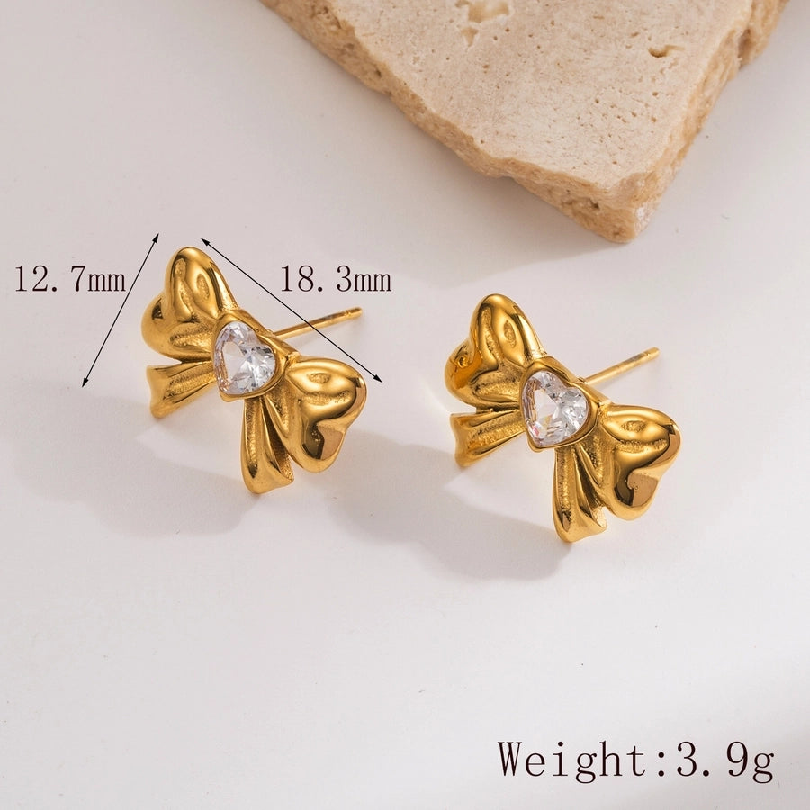 Heart Shape Bow Knot Zircon Ear Studs [304 Stainless Steel,18K Gold Plated]