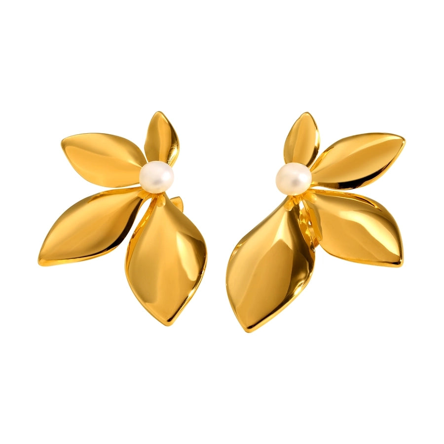 Leaf Plating Artificial Pearls Earrings [304 Stainless Steel,18K Gold Plated]