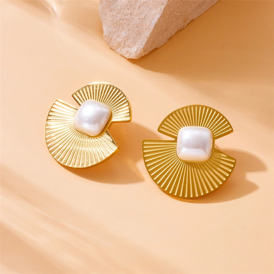 Vintage Style Sector Asymmetrical Artificial Pearls Earrings [304 Stainless Steel, 18K Gold Plated]