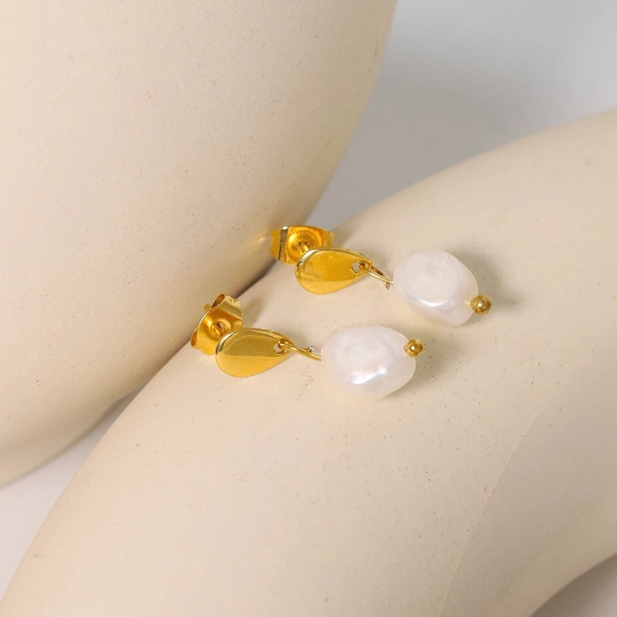 Water Droplets Plating Inlay Pearl Earrings [304 Stainless Steel,18K Gold Plated]