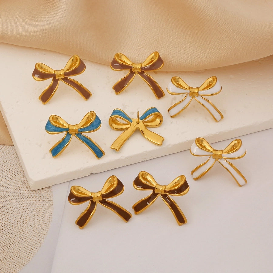 Bow Knot Enamel Ear Studs [304 Stainless Steel,18K Gold Plated]