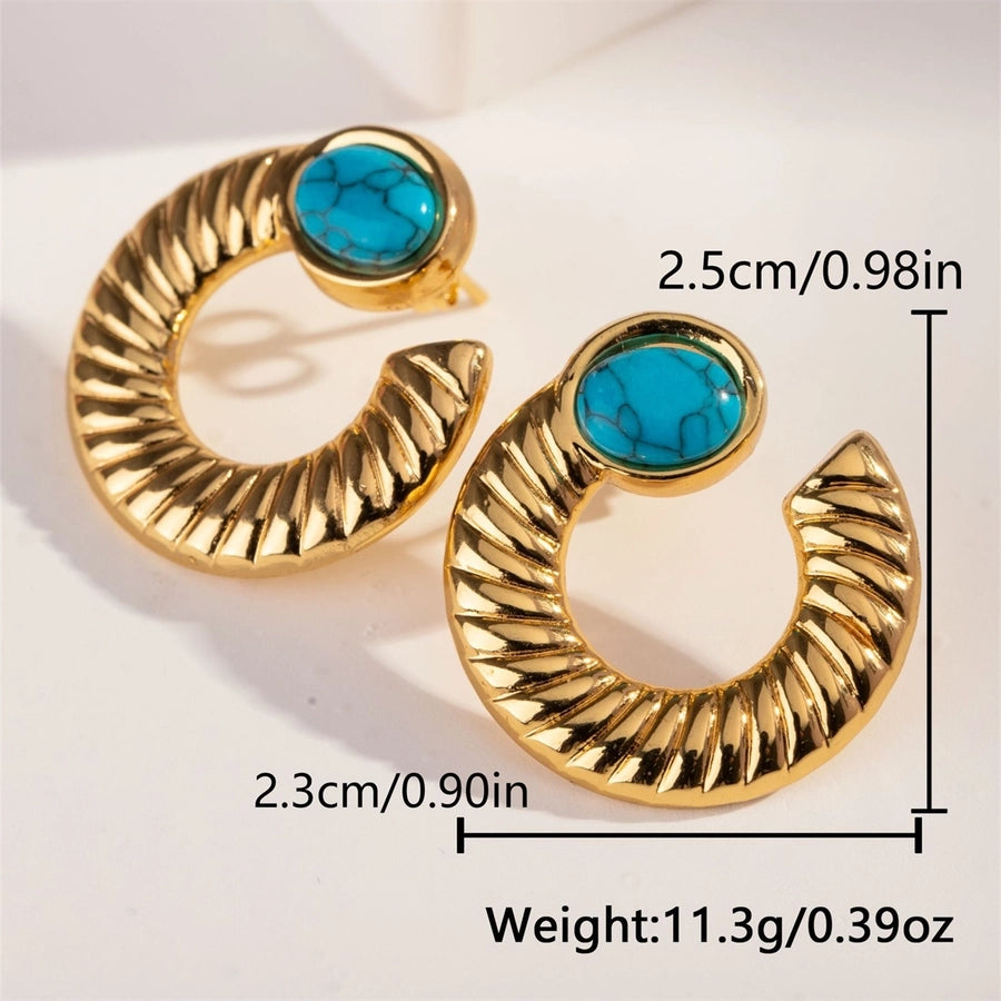 Round Blue Stone Earrings [304 Stainless Steel, 18K Gold Plated]