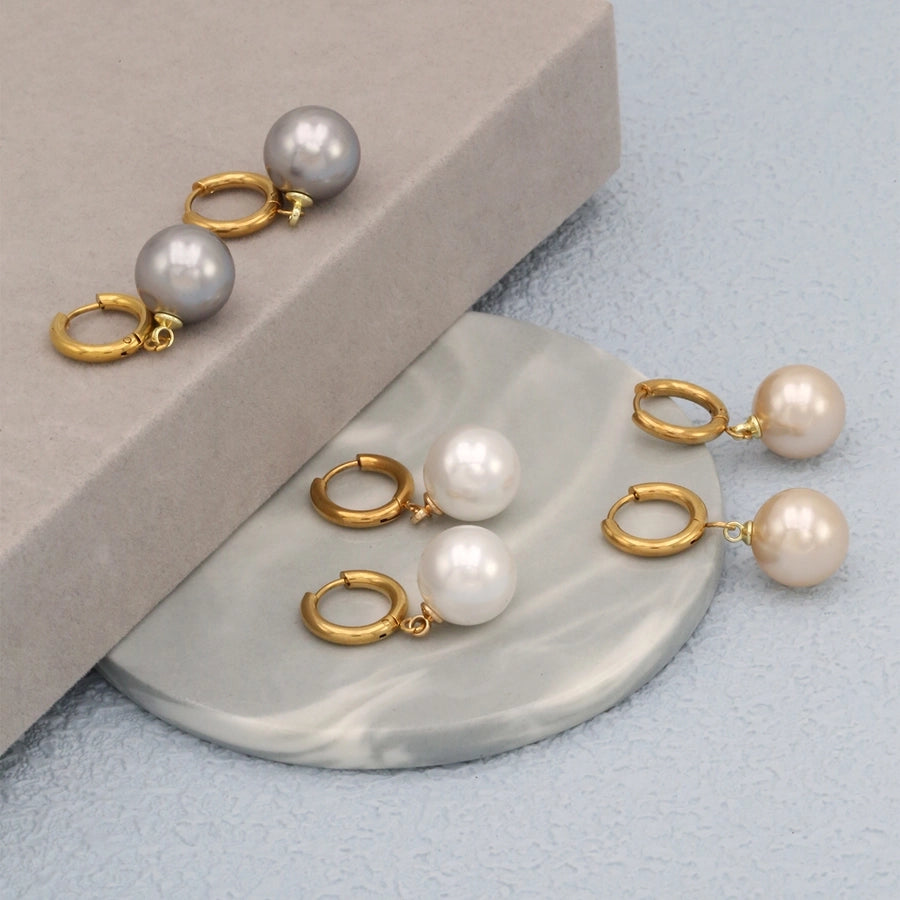 Drop Round Pearl Earrings [304 Stainless Steel, 18K Gold Plated]