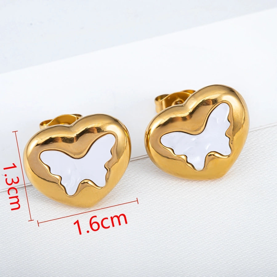 Round Heart Shape Butterfly Ear Studs [304 Stainless Steel]