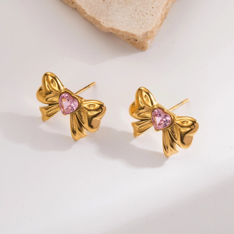 Heart Shape Bow Knot Zircon Ear Studs [304 Stainless Steel,18K Gold Plated]