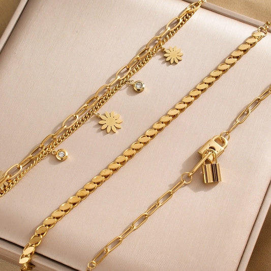 Lock/Flower/Chain Bracelets [304 Stainless Steel, 18K Gold Plated]