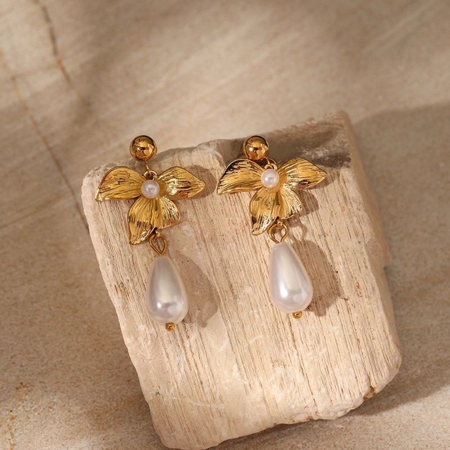 Flower Artificial Pearls Drop Earrings [304 Stainless Steel,18K Gold Plated]